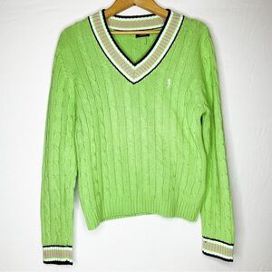 VINTAGE Preppy Lime Green Cable-Knit V-Neck Sweater with Striped Trim